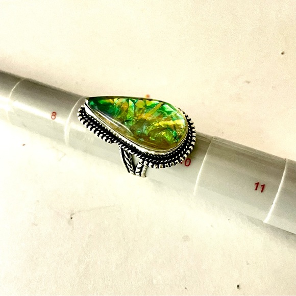 New 925 Sterling Silver Green Yellow Triplet Opalite Artisten Tear Drop Ring - Picture 5 of 17